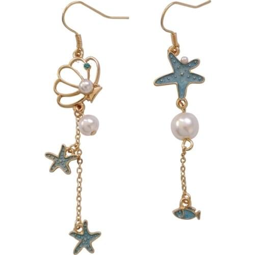 Blue Pink Red Stars Sea Shell Dangel Earrings Imitation Pearls Cute Fish Starfish Drop Tassel Earrings For Women Girls Gifts