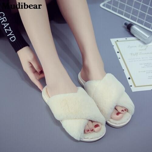 Mudibear Womens Slipper Cross Winter Large Size Indoor Plush Flat Bottom Floor Slipper Warm Cotton Shoes Rubber Sole Breathable