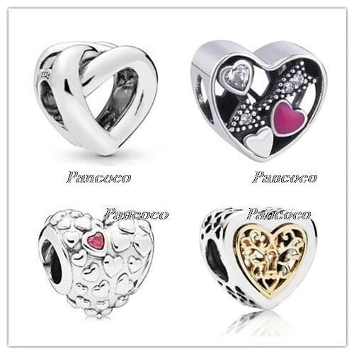925 Sterling Silver Charm Openwork Silver Gold Locked Hearts Bead Fit Women Pandora Bracelet & Necklace Diy Jewelry