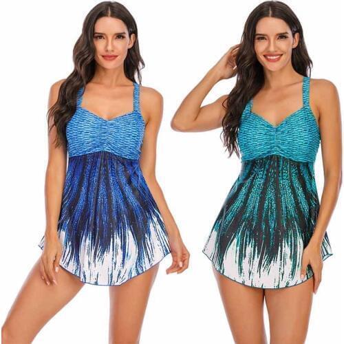 2020 Bather Swim Dress Striped Gradient Women Swimsuit Conservative Sleeveless Swimdress Female Bathing Suits Large Size XL-5XL