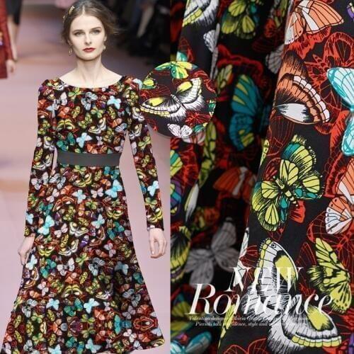 12momme 114cm breadth beautiful butterfly printed 100% silk crepe de chine dress shirt clothing fabric Free Shipping