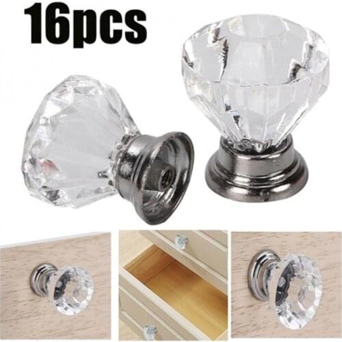 16pcs 30mm Diamond Clear Crystal Glass Door Pull Glass Knob Drawer Door Crystal Diamond Handle Pull Dia Wardrobes Cabinets