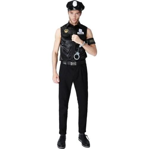 Black Adult Policeman Cosplay Men Halloween Police uniforms Costumes Carnival Purim Parade Nightclub Bar Role Play Party Dress