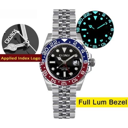 CRONOS GMT Automatic Diver Watch Bidirectional Bezel Sapphire Glass 20M Waterproof Jubilee Bracelet BGW-9 Super C3 Luminous Dial