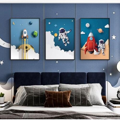 Childrens room decoration painting boy room bedroom background wall bedside painting modern light luxury space astronaut mural