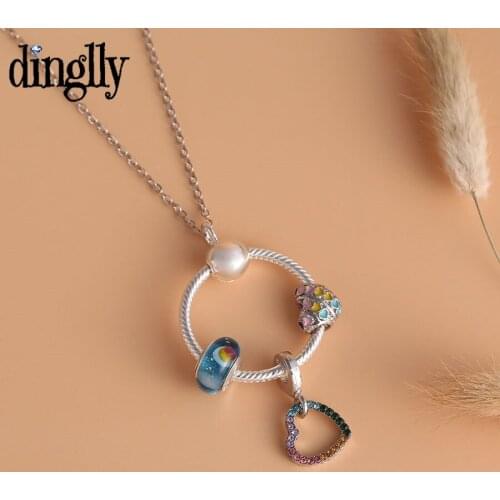 Dinglly Ocean Style Crystal Rainbow Heart Pendant Necklace for women Glass Beads Charm Necklace lovers Party Jewelry gifts