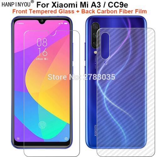 For Xiaomi Mi A3 / CC9e 1Set = Soft Back Carbon Fiber Film + Ultra Thin Clear Premium Tempered Glass Front Screen Protector