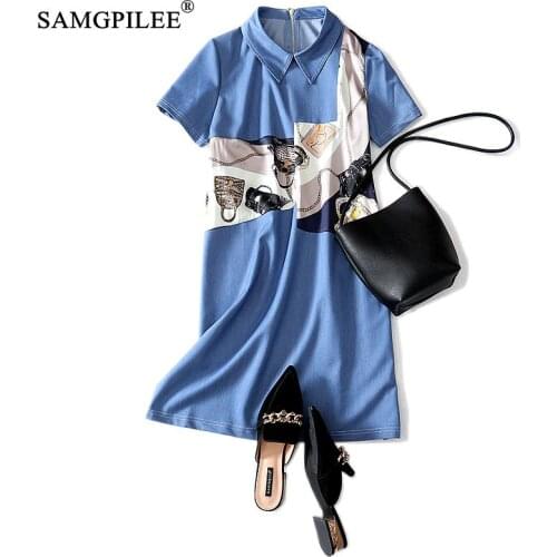 Denim Women Dresses Summer 2021 New Vestido Casual Pleated Print Short Sleeve Korean Style Polo Collar Dress For Womens Party