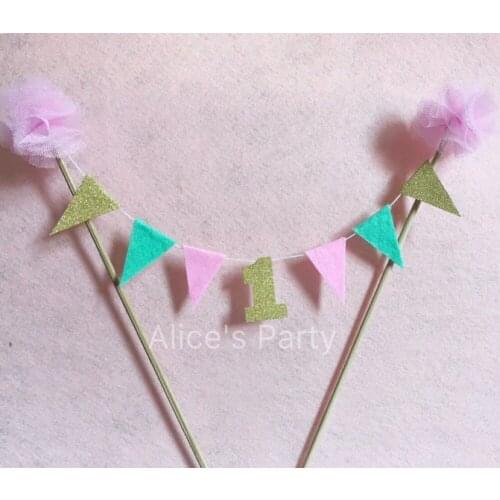 Hot Gold 1 Baby Girl 1st Birthday Party Cake Bunting Cake topper Mint Pink Tulle 1st 2nd party Cake Smash Banner Photo props