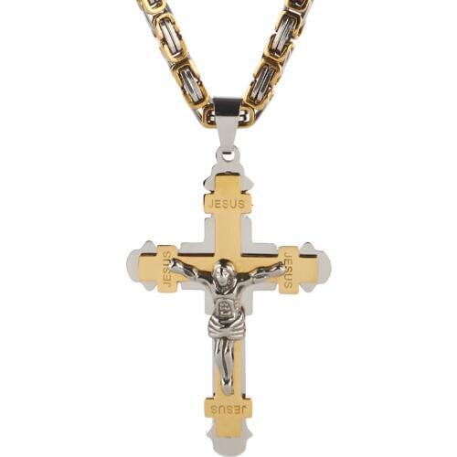 Punk Stainless Steel 24" 5mm Choker Link Byzantine Jewelry Sets Chain Necklaces Pendant Jesus Cross for Men Gold Color