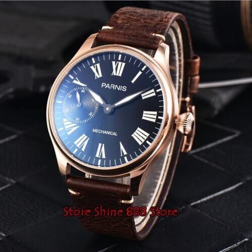 44mm Parnis Black dial 17 Jewels Rose Golden Plated Case 6497 Hand Winding Mens Watch