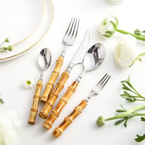 4set 16pcs Creative Bamboo Cutlery Set Stainless Steel Steak Cutlery Tableware Set Spoon and Fork Western Food Dessert Tableware