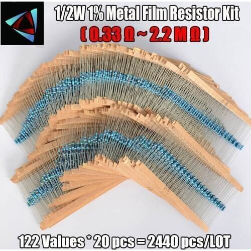 2440Pcs 1/2W 1% 122 values 0.33-2.2M ohm Each Value Metal Film Resistor Assortment Kit Set