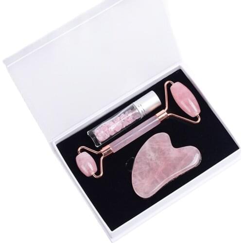 Rose Quartz Face Roller Gua Sha Tool Chip Stone Bottle 3PCS/Set Facial Eye Care Massager Natural Crystal Healing Massage Health