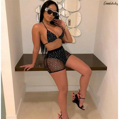 Sexy Women Rhinestone Bikinis Set Swimsuit Lace Push Up Halter Bra+Mesh Elastic Shorts 2Pcs Female Swimwear Beach Clothes