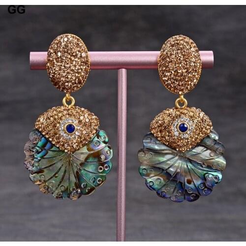 GG Jewelry Abalone Shell Carved Flower Mop Golden Trimmed with Marcasite cubic zirconia cz Dangle Stud Earrings