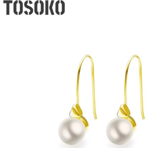 TOSOKO Stainless Steel Jewelry Bow And Pearl Earrings Simple And Sweet Ear Hook Hanging Earrings BSF191(1