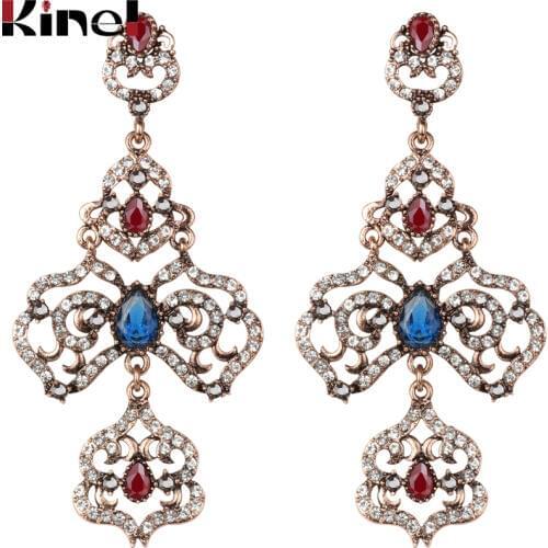 Kinel Luxury Big Drop Earrings For Women Fashion Antique Gold Turkish Ethnic Style Hollow Crystal Flower Earrings Bridal Gifts