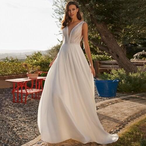 A-Line Chiffon V-Neck Wedding Dress 2021 Elegant Lace Sweep Train Backless Detachable Sleeve Bridal Gowns Robe De Mariée