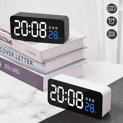 LED Mirror Screen Alarm Clock Creative Digital Clock Voice Control Snooze Time Date Temperature Display Rectangle