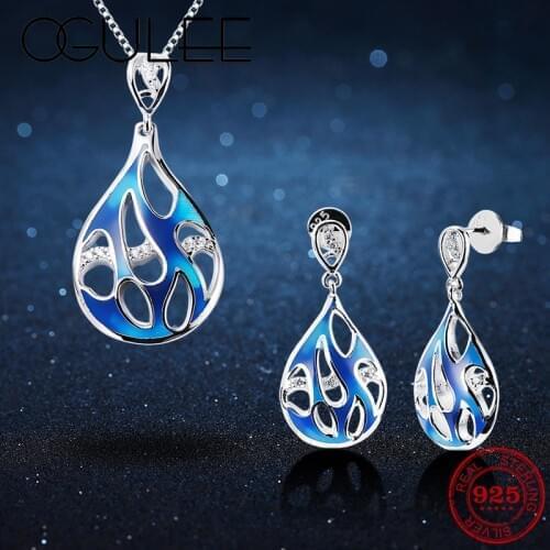 Water drop shape Pendant Necklace & Earrings 925 Silver Blue Enamel Jewelry Setss Clear CZ For Women Valentines Day Gift
