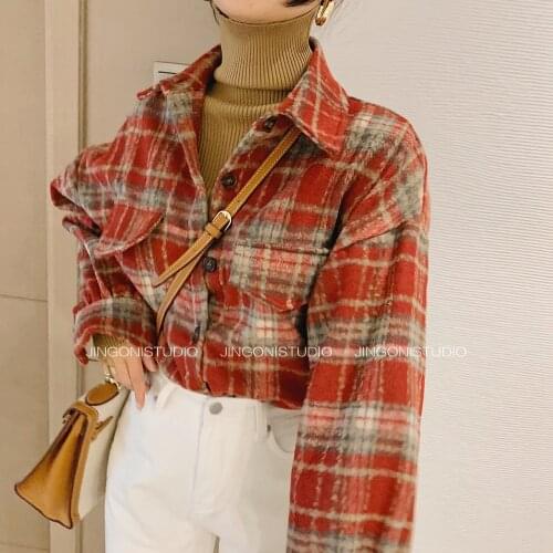 2021 Women Turn-down Collar Wool Shirts Blouses Spring Plaid Loose Long Sleeve Outwear Female Harajuku Vintage Oversized Tops Z