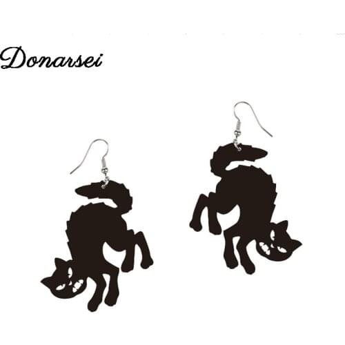 Donarsei Halloween Black Color Cat Drop Earrings For Women Cute Animal Dangle Earrings Party