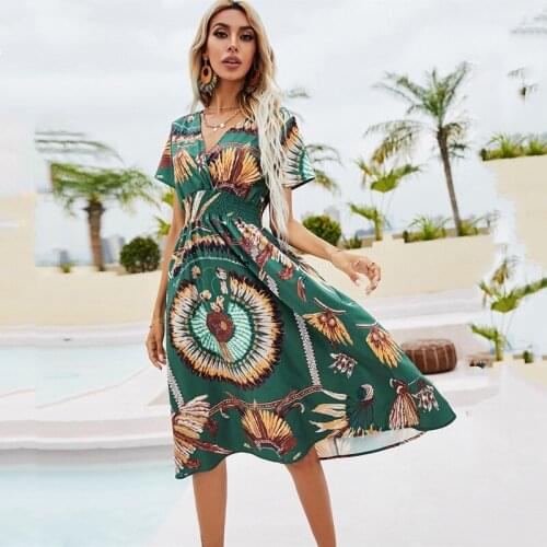 Women Robe Femme Summer Print Dresses V-Neck Short-sleeved Retro Beach Midi Dress For Womans Clothing 2021 Y2K Vestido De Mujer