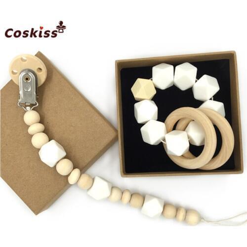 Wooden Baby Teether Ring Wood Pacifier Clip Organic Wood Montessori Toy Silicone Beads Teether Infant Teether BPA Free