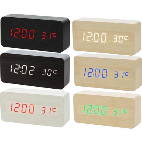 LED Wooden Alarm Clock Watch Table Voice Control Digital Wood Despertador Electronic Desktop USB/AAA Powered Clocks Table Decor