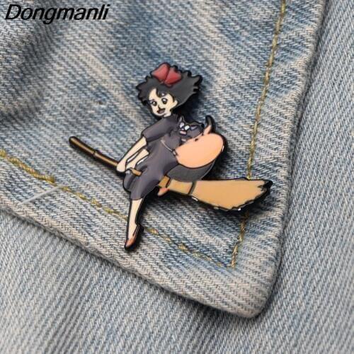 DMLSKY GIRL and Magic broom Brooch Metal Enamel Pin Women backpack badge Men Tie Pins Cute Clothes Brooches M2874
