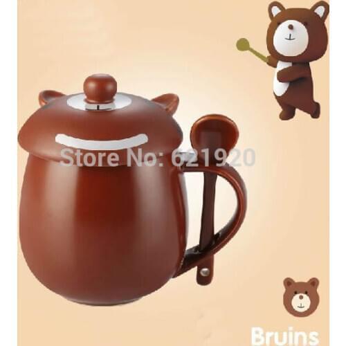 Nice Bear ceramic mug cute cartoon ceramic cup Coffee cup with lid Brown animal mug