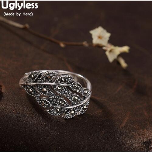 Uglyless 100% Real 925 Sterling Silver Leaves Finger Rings for Women Vintage Thai Silver Open Ring Ethnic Fine Jewelry Female