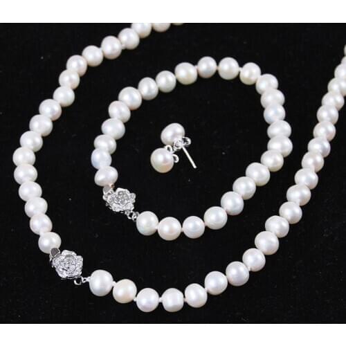 8-9mm White Akoya Cultured Pearl Jewelry Bracelet Necklace Earrings Set 18"7.5"