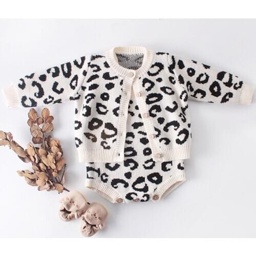 Baby Boy Girl Outfits Clothes Set Newborn Baby Clothes Leopard Print Knit Coat + Rompers Suit Infant Boys Girls Clothing