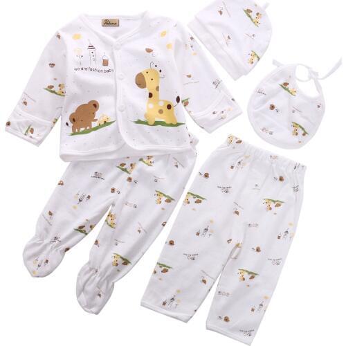 Cute Baby Boy Girls 0-3 Months Clothes Set Long Sleeve Animal Print Shirt Hat Leggings Pants 5pcs Pajamas Set Clothing Cotton