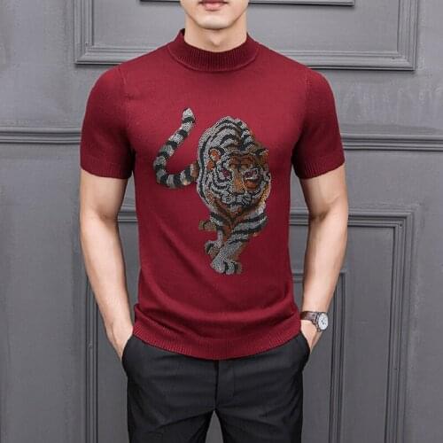 Half High Collar Quality Spring Summer Perfect Hot Drilling Big Tiger Mens Breathable T-Shirt Soft Sweater Knitting 5XL Short S