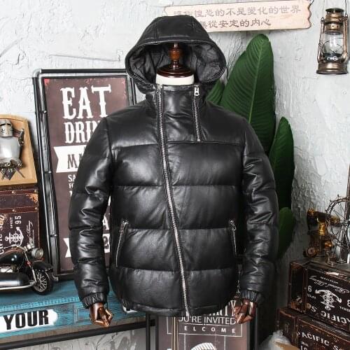 Winter hooded leather jacket mens short top layer cowhide stand collar leisure thickened warm down jacket