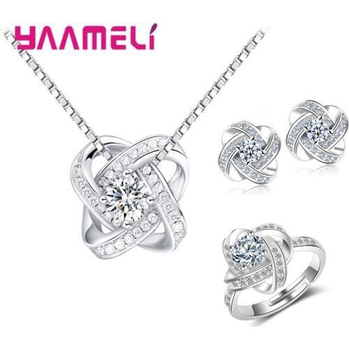 Top Sale Korean Style Wedding Jewelry Sets 925 Sterling Silver Necklace Earrings Ring CZ Crystal Set Fashion Bridal Jewelry
