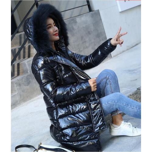 2020 Winter new shiny coat female slim fit long down jacket thick fur collar hooded jacket