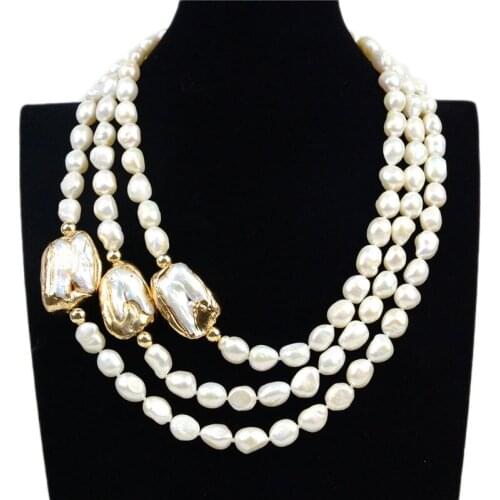 3 Row Strands White Freshwater Pearls Necklace Women Party Evening Accessories Luxury Jewelry Temperament Baroque Pearl Necklace