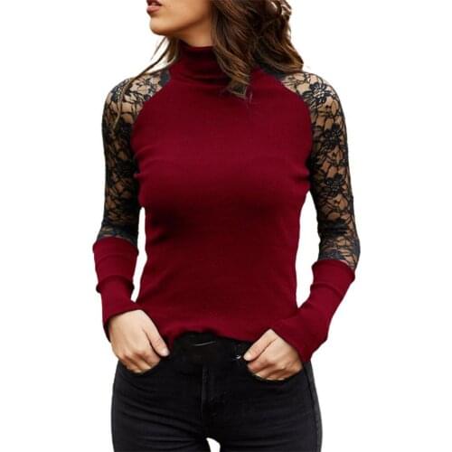 Sexy Vintage Blouse Sexy Mock Neck Lace Stitching Solid Color Pit Strip Pullover Blouse Top Ladies Shirt Female Tops Pullover