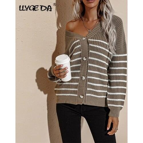 Striped Knitted Cardigan For Women Sweater Long Sleeve V-neck Loose Casual Womens Sweaters 2021 Button Fashion Female Coat Top