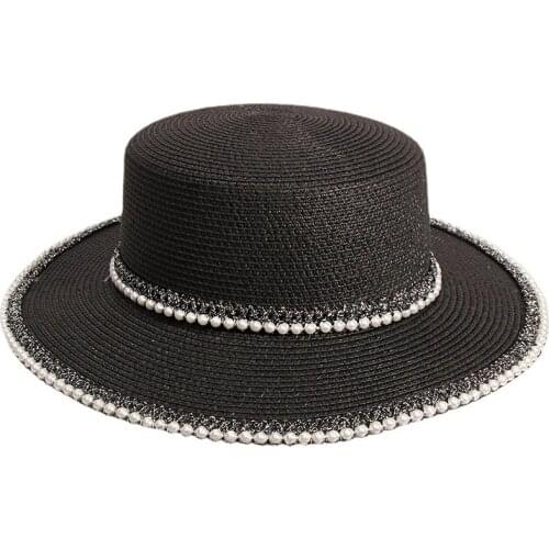 Ymsaid 2021 New Pearl Decoration Sun Hat For Women Flat Top Jazz Fedoras Panama Summer Straw Hat Brief Temperament Beach Hats