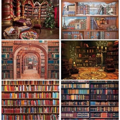 Old Libraries Vintage Background for Photography Books Bookshelf Wooden Photo Studio Graduation Party Wallpaper Curtain