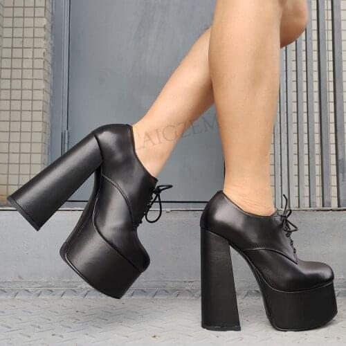 LAIGZEM Real Leather Women Ankle Boots Lace Up Thick Chunky High Heels Booties Dress Comfortable Ladies Shoes Woman Size 38 41