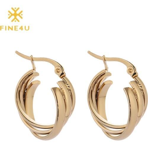 FINE4U E229 Stainless Steel Crossover Hoop Earrings Creative Gold Color Twisted Hoops Earrings for Women Girls