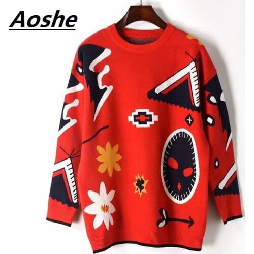 Women Sweaters And Pullovers Winter Thick Warm Loose Oversized Jumper Knitwear 2018 Runway Design Geometric Jacquard Pull