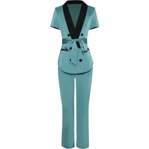 Newest HIGH QUALITY 2021 Designer Runway Suit Set Womens V-Neck short Sleeve Sashes Blouse Long pantS Set