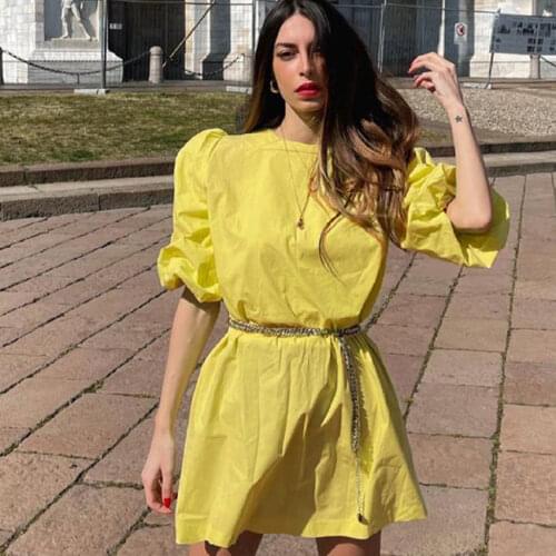 Casual Loose O-neck Lantern Short Sleeve Ladies Mini Dress Summer Cotton A-line Solid Color Yellow Sweet Women Short Dresses